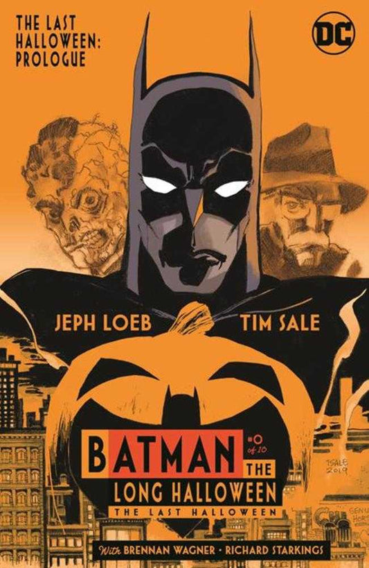Comic book cover: "Batman: The Long Halloween - The Last Halloween" with Batman, corpse, and fedora-wearing man.
