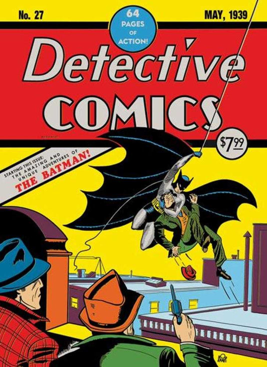Comic book cover featuring Batman capturing a man.