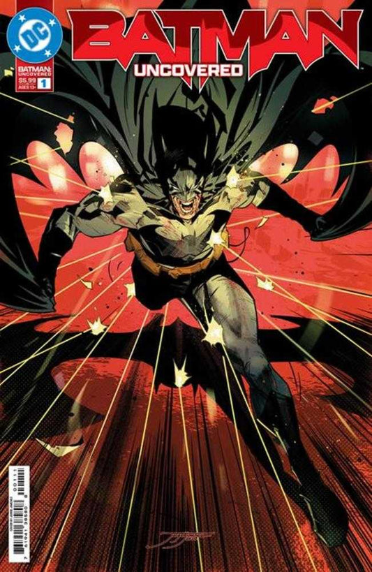 Comic book cover featuring Batman in mid-air, with a red background and dynamic lines suggesting speed or impact.