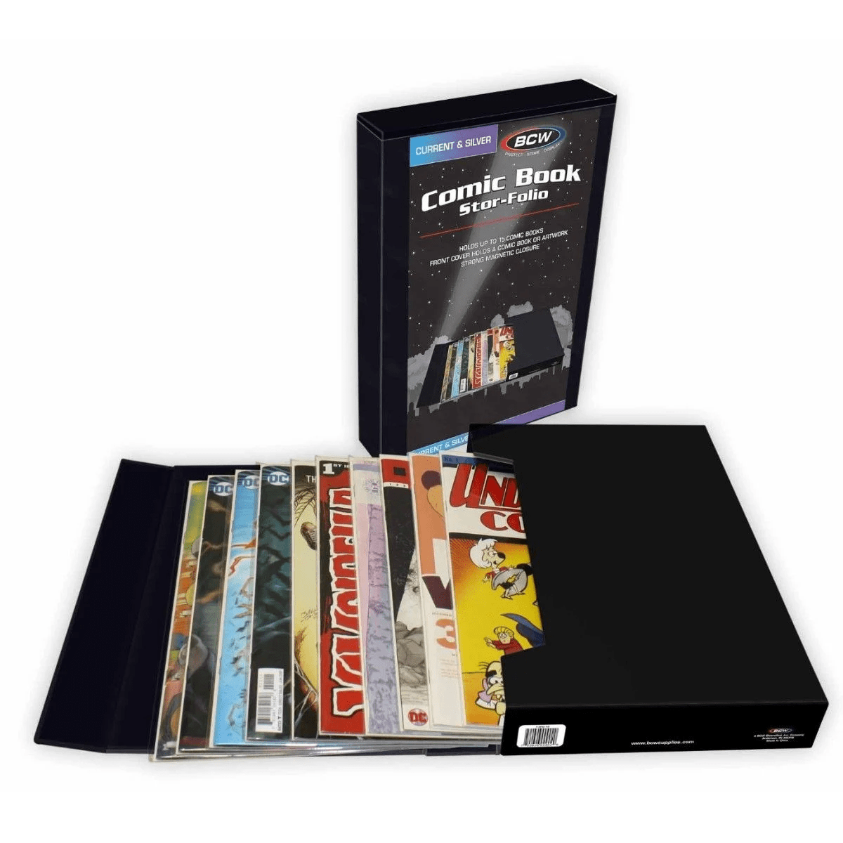 A black Comic Book Stor-Folio box, open with several comic books inside, sits on a white surface with the lid standing behind it.