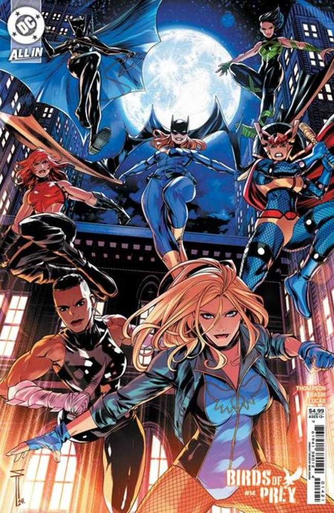 Comic book cover: Birds of Prey #14. Female superheroes (Batwoman, Black Canary, Huntress, Batgirl, Ghost-Maker, Katana, and Big Barda) in fighting poses against a cityscape backdrop and full moon.