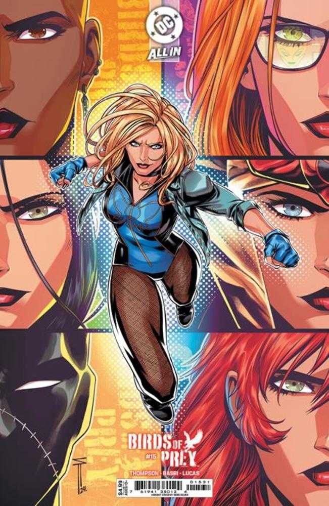 Comic book cover with Black Canary mid-motion, surrounded by close-up faces of other female characters.