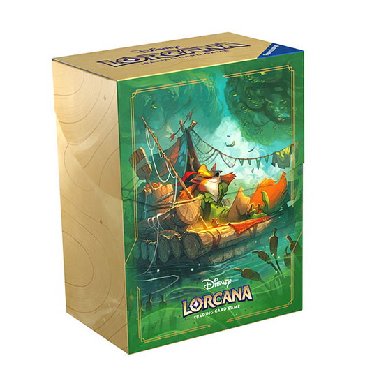 Boxed Disney Lorcana trading card game. Front shows Robin Hood character on a raft with other animals.  Top and side of the box are brown with wood grain detail. 
