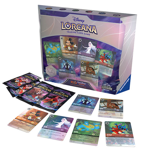 Boxed Disney Lorcana trading card game and various booster packs, with loose cards displayed.