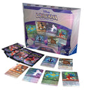 Boxed Disney Lorcana trading card game and various booster packs, with loose cards displayed.