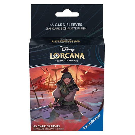 Packaging for Disney Lorcana card sleeves. Mulan character art. Matte finish sleeves, standard size. Ravensburger logo.
