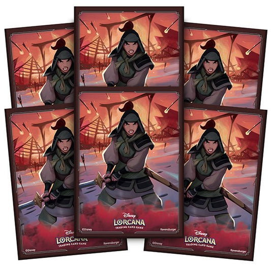 Six Disney Lorcana trading card game sleeves with Mulan in battle gear.