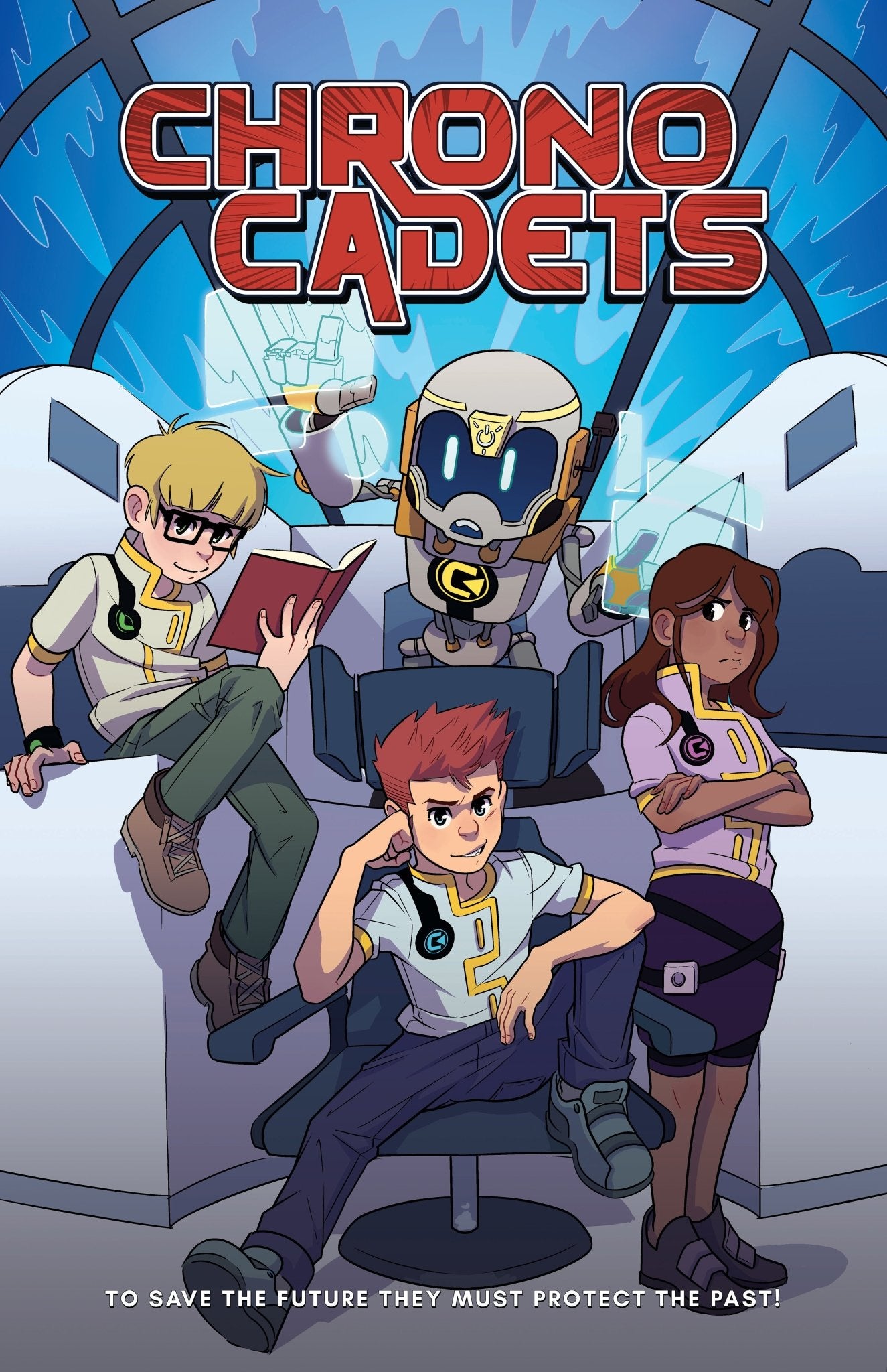 Cartoon cover: "Chrono Cadets" with three teens and a robot in a futuristic setting.
