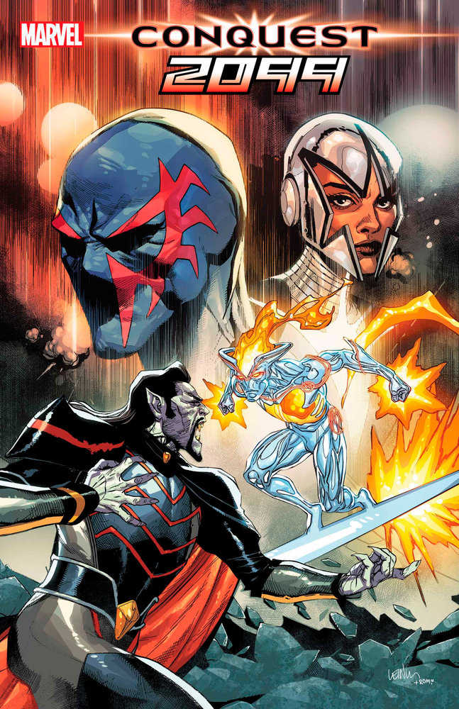 Comic book cover featuring a menacing vampire-like figure, a silver and orange energy-based character, and two floating heads against a fiery backdrop.