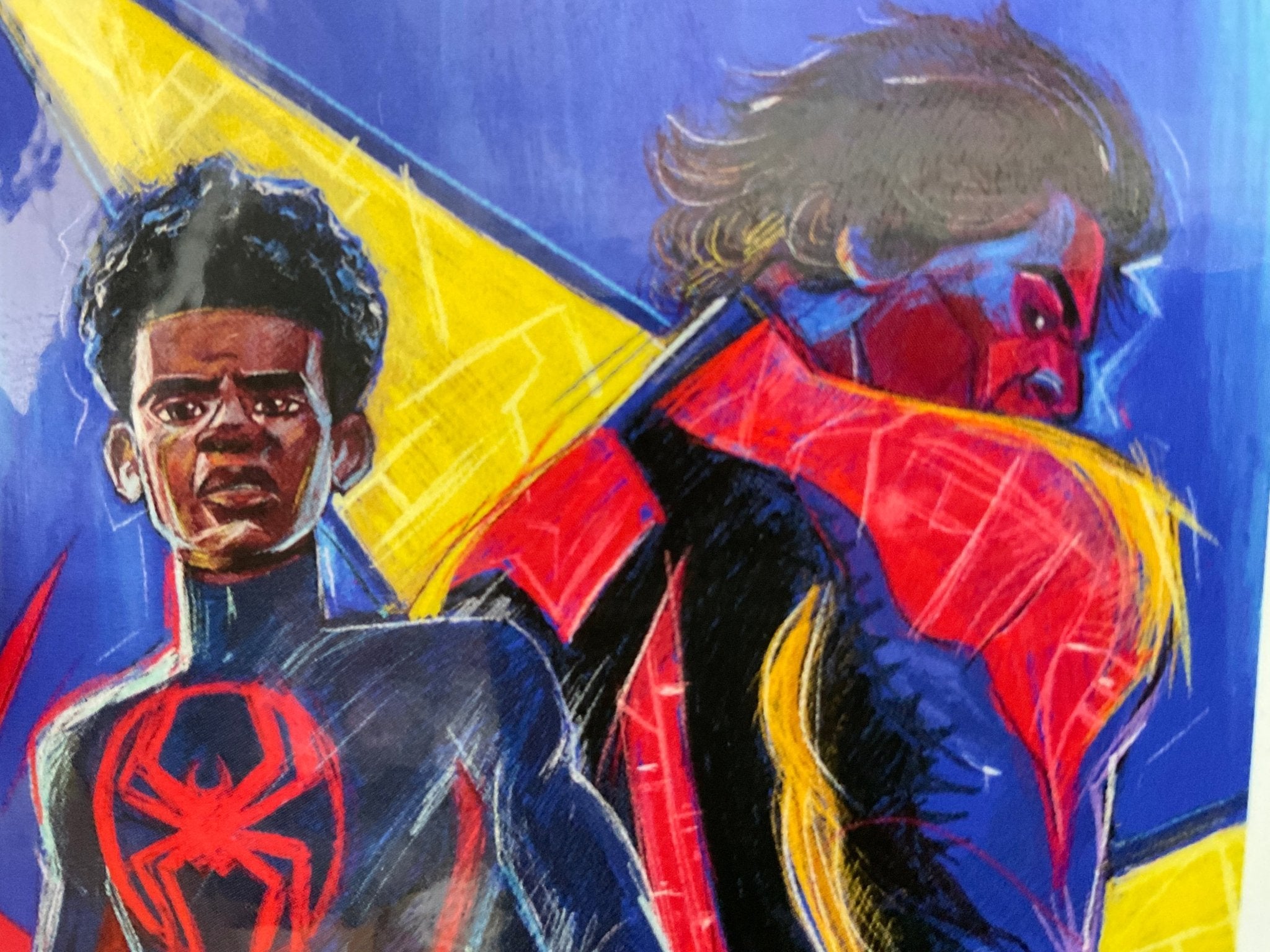 A drawing of two Spider-Man characters in a red, blue, and yellow palette.