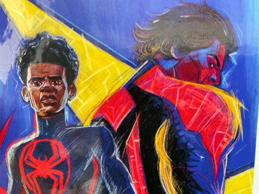 A drawing of two Spider-Man characters in a red, blue, and yellow palette.