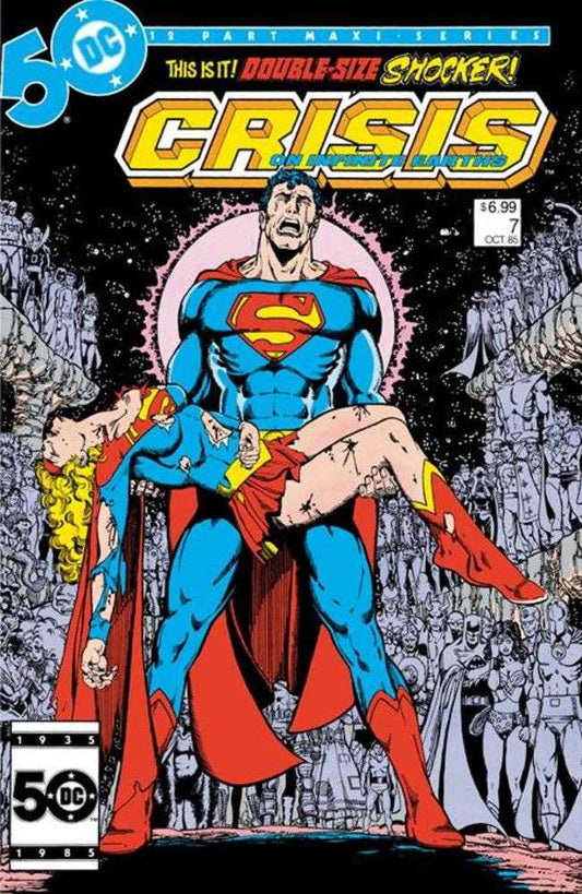 Comic book cover for Crisis on Infinite Earths #7. Superman carrying Supergirl, surrounded by other DC superheroes.