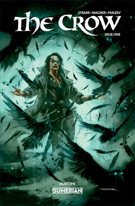 Comic book cover featuring a man surrounded by crows. The man has a pale face, black eyeliner, and wears a dark coat and shirt. The comic is titled "The Crow."