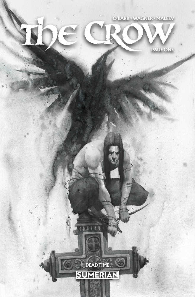 Comic book cover: The Crow. Black and white illustration, man with barbed wire, crow wings, cross.
