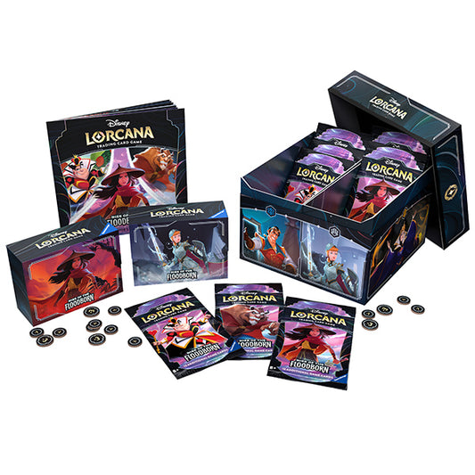 Assortment of Disney Lorcana: Rise of the Floodborn trading card game items, including a binder, booster packs, deck boxes, and tokens, displayed in a promotional setup.
