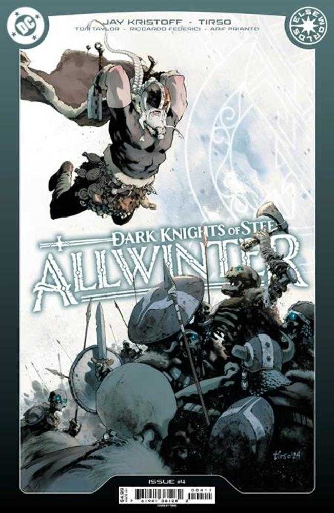 Comic book cover featuring a man with horned helmet falling above a group of soldiers with shields.