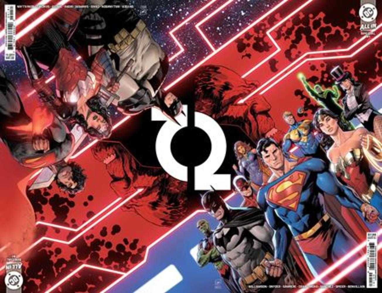 Comic book cover featuring various DC superheroes including Superman, Wonder Woman, and Batman. Red and blue background with a white omega symbol in the center.