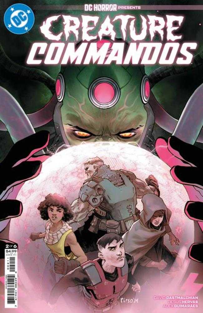 Comic book cover featuring five characters in front of a large, looming alien-like figure.
