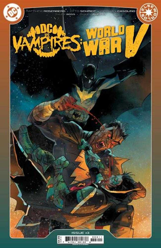 Comic book cover featuring Batman in a yellow and black suit, battling a vampire with glowing red eyes, with Robin in the foreground.