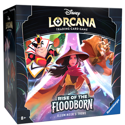 Disney Lorcana Rise of the Floodborn trading card game box. Features Raya, Queen of Hearts, and Beast characters.
