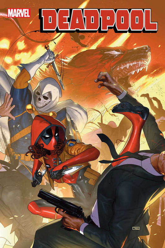 Comic book cover featuring Marvel's Deadpool, Taskmaster, and a large wolf head, with orange and red color scheme.