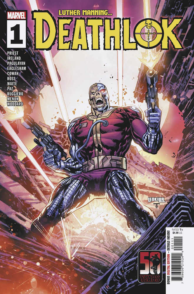 Comic book cover featuring the character Deathlok with guns, against a futuristic backdrop.