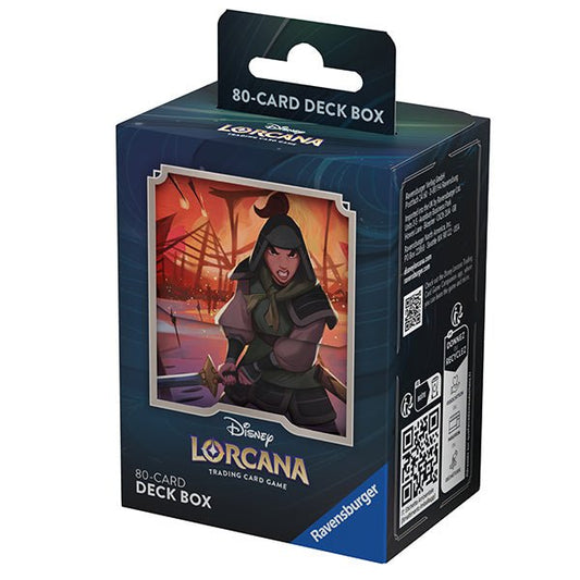 Close-up of a Disney Lorcana trading card game deck box with Mulan on the front.