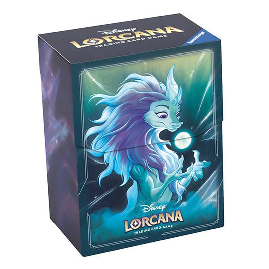 Close-up of a Disney Lorcana Trading Card Game gift set. The box features an illustration of Sisu the dragon, and has a blue and purple color scheme.