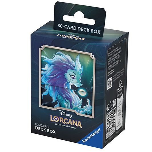 Disney Lorcana trading card game 80-card deck box featuring a blue and purple dragon on a blue box.