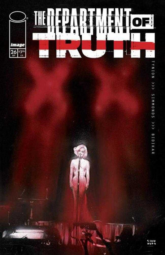 Comic book cover featuring a singer on stage in red lighting with "The Department of Truth" in bold letters above.