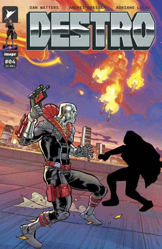 Comic book cover featuring Destro firing a weapon, with a silhouetted figure in the background and explosions in the sky.