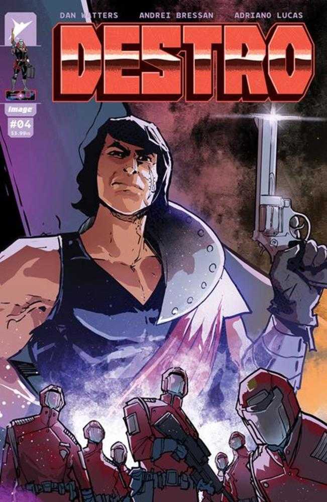Comic book cover featuring a man with a silver mask. The man is holding a gun and wearing a sleeveless shirt. Red soldiers are in the background.