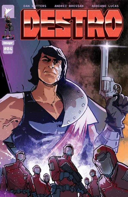 Comic book cover featuring a man with a silver mask. The man is holding a gun and wearing a sleeveless shirt. Red soldiers are in the background.