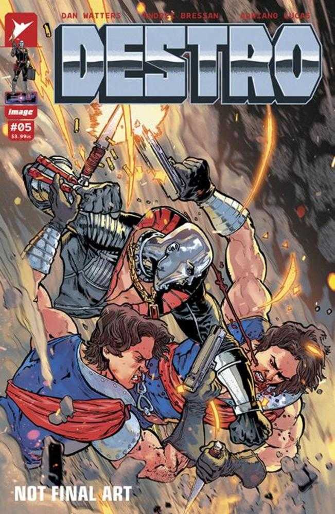 Comic book cover of "Destro" featuring Destro and two other men fighting.