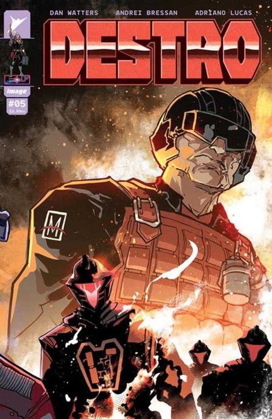 Comic book cover with "Destro" title, featuring a masked character in combat gear and several figures with red-eyed helmets.