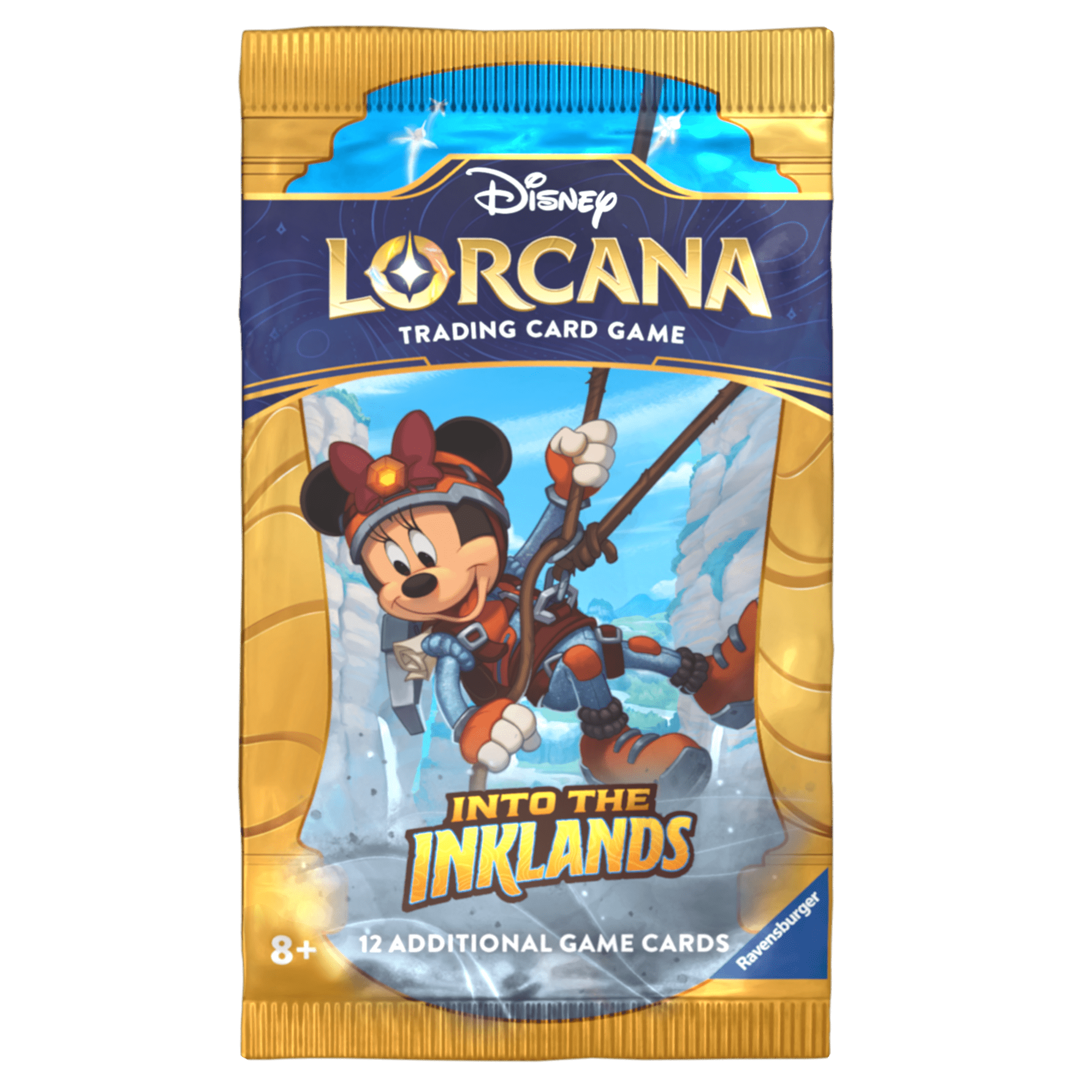 A Disney Lorcana Into the Inklands trading card pack with Minnie Mouse rappelling.
