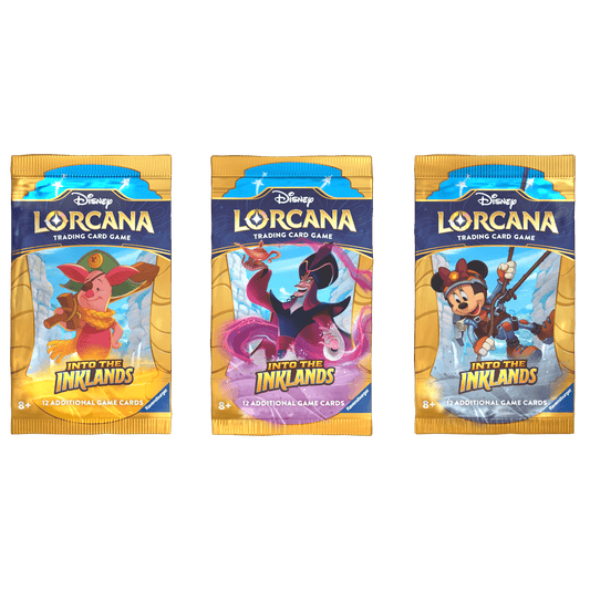 Three Disney Lorcana "Into the Inklands" trading card game booster packs in a row. The packs feature Piglet, Jafar, and Minnie Mouse.