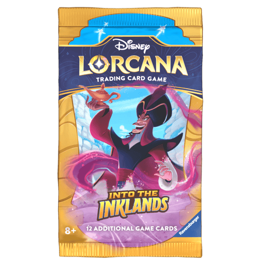 Disney Lorcana trading card game pack with Jafar holding the genie's lamp.

