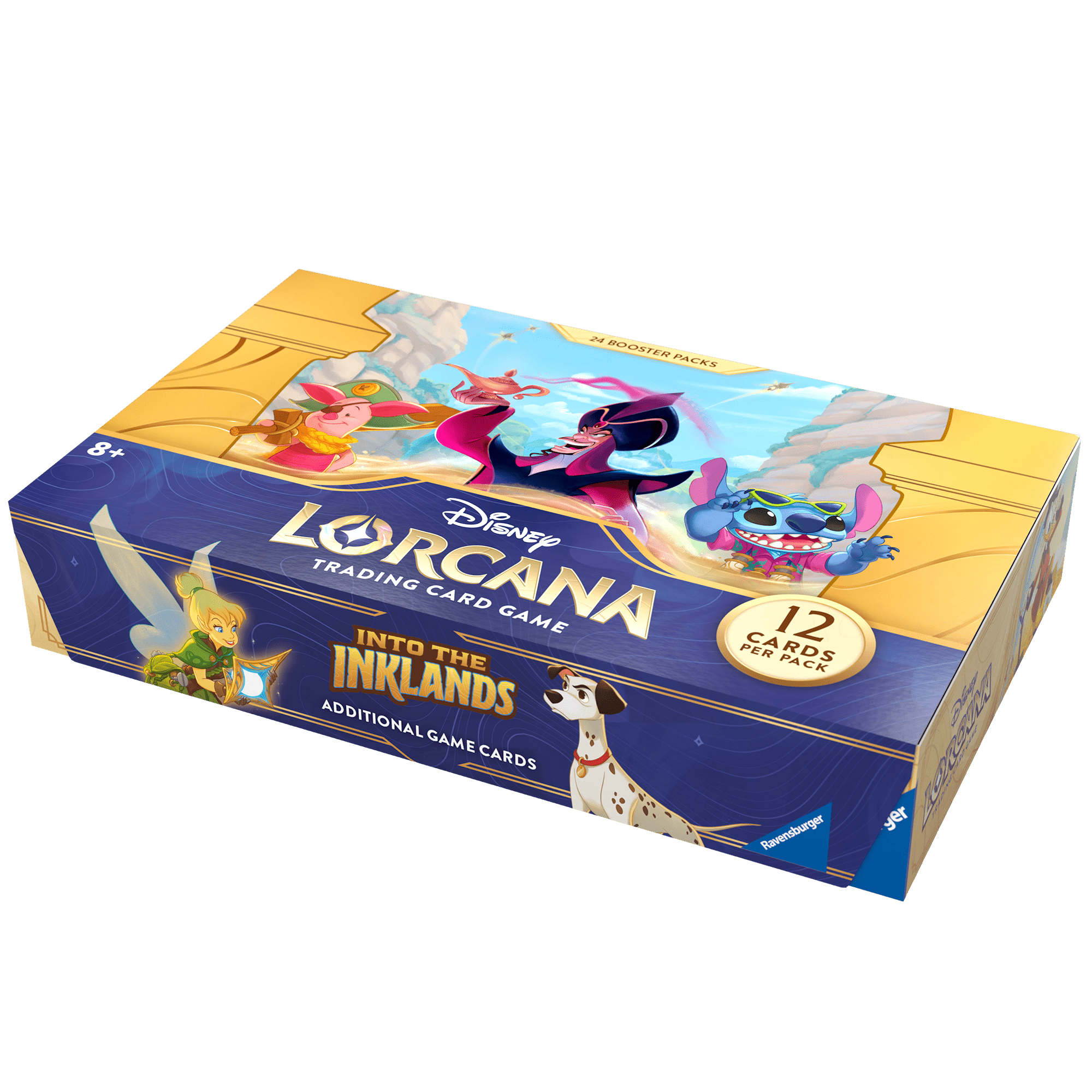 A blue and gold box for Disney Lorcana trading cards, featuring cartoon depictions of Tinkerbell, Piglet, Jafar, and Stitch.