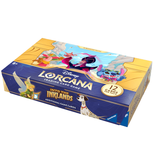 A blue and gold box for Disney Lorcana trading cards, featuring cartoon depictions of Tinkerbell, Piglet, Jafar, and Stitch.