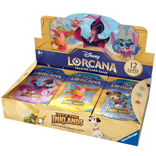 A box of Disney Lorcana trading card packs featuring characters Piglet, Jafar, Stitch, Tinker Bell, Mickey Mouse, and a Dalmatian.