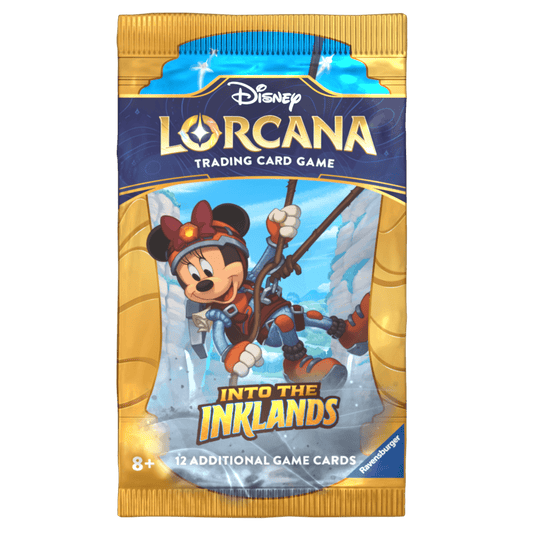 Disney Lorcana Into the Inklands trading card pack with Minnie Mouse climbing ropes.