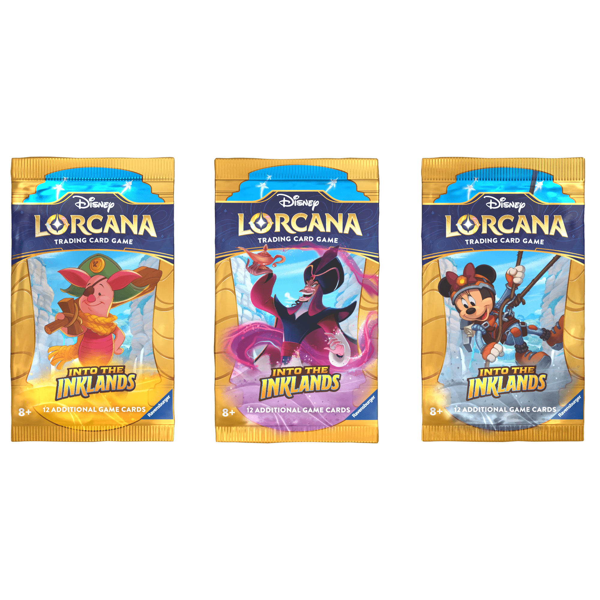 Three Disney Lorcana trading card game booster packs; each featuring a different character: Piglet as a pirate, Jafar, and Minnie Mouse in an adventuring outfit.