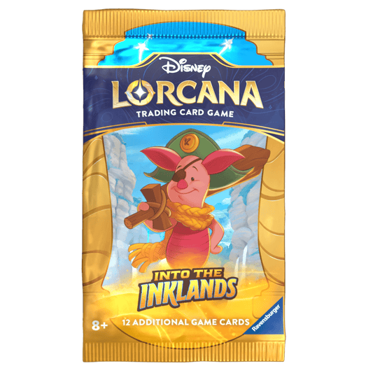 A Disney Lorcana: Into the Inklands trading card game booster pack featuring a pirate Piglet on a gold-trimmed blue package.