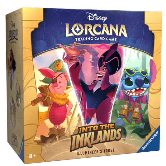A box for a Disney Lorcana Trading Card Game called "Into the Inklands," with characters Piglet, Jafar, and Stitch pictured on the box.