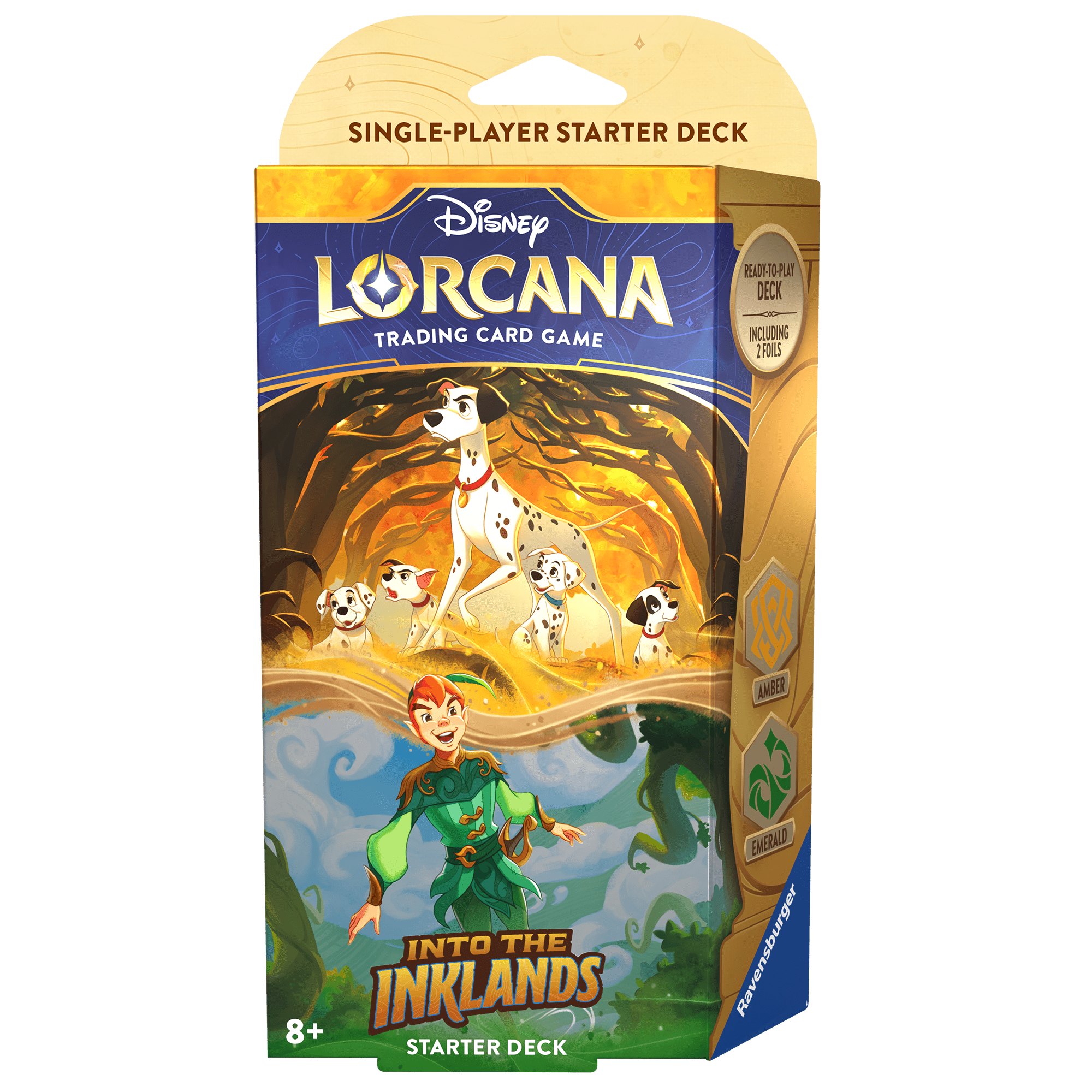 Box of Disney Lorcana Into the Inklands starter deck. The box art shows Pongo with five puppies in a forest, with Peter Pan standing below. "Amber" and "Emerald" are labeled on the side.