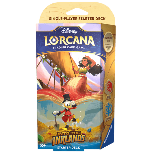 Disney Lorcana: Into The Inklands single-player starter deck box with Moana and Scrooge McDuck on the front.