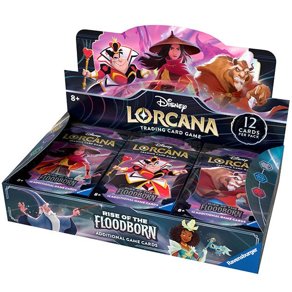 Display box of Disney Lorcana: Rise of the Floodborn trading card game booster packs.
