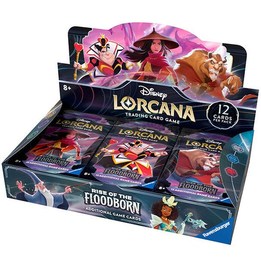 Display box of Disney Lorcana: Rise of the Floodborn trading card game booster packs.