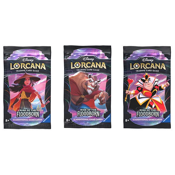 Three packs of Disney Lorcana: Rise of the Floodborn trading card game. Each pack features a different character: Raya, Beast, and the Queen of Hearts. The packaging is primarily black with the game's logo and title in gold and white.
